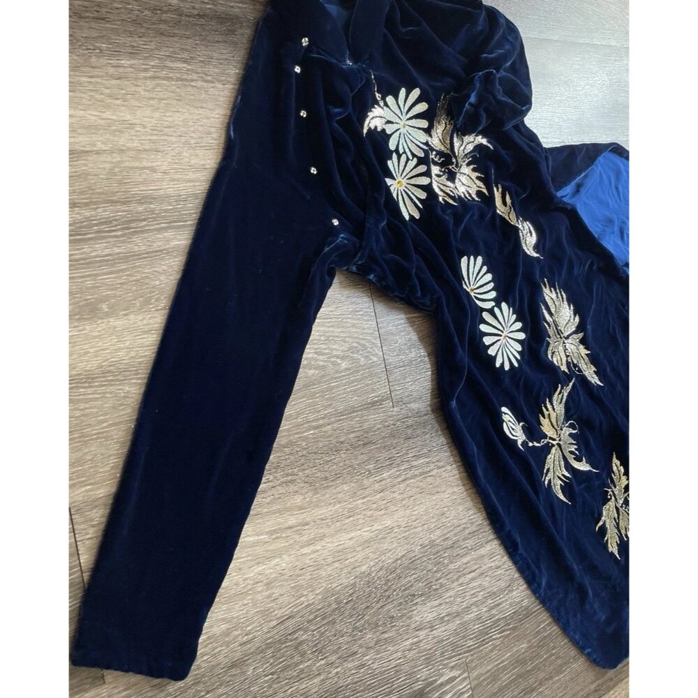 Vintage Cheongsam Long Dress Sz S Blue Velvet Asian Mandarin White Daisy Sparkle - Picture 9 of 13